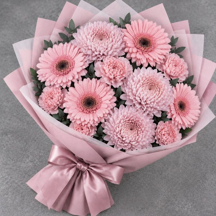 Букет из пудровых хризантем, гвоздик и гербер